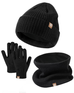 Unisex Winter Warm Knit Beanie Hat Scarf Touchscreen Gloves 3-in-1 Fleece Lined Cold Weather Set