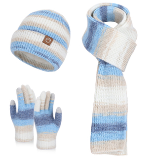 Wholesale Women's Striped Knit Beanie Scarf Gloves Warm Winter Set