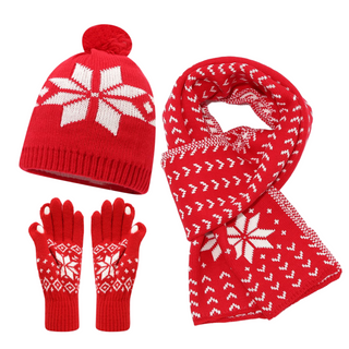 Fashion Red Snowflake Knit Set Winter Pom Beanie Scarf Glove Three Piece Set