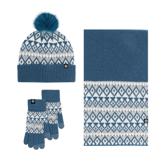 Fair Isle Winter Knit Three Piece Set Blue Pom Beanie Scarf Glove 