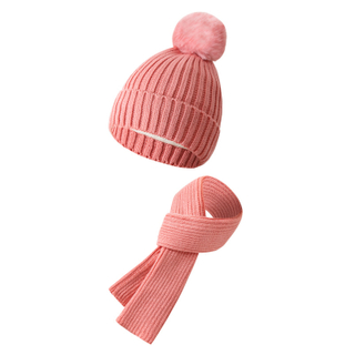 Solid Color Wool Warm Kids Knit Pom Beanie Scarf Two Piece Set