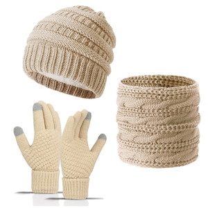 Cream Wool Knit Three Piece Set