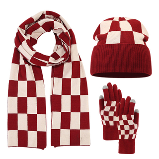Custom Warm Unisex Plaid Knit Set Soft Wool Beanie Scarf Gloves