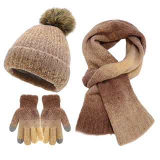 Ladies Ombre Burgundy Knit Set Winter Pom Beanie Scarf Glove Bundle 