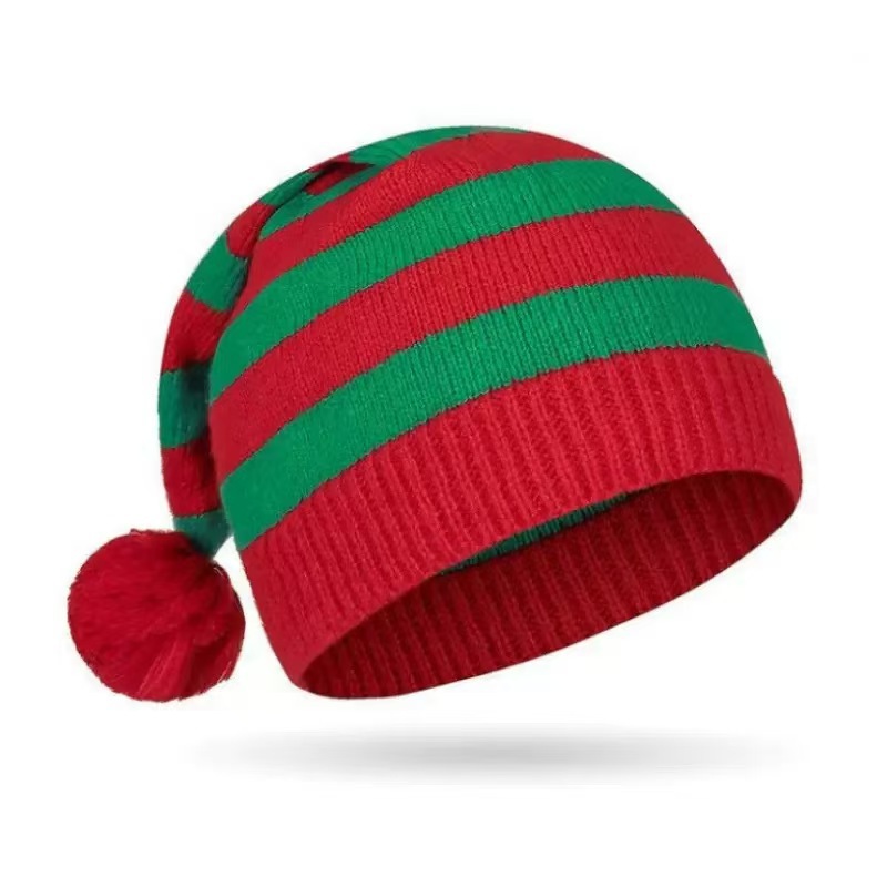 Polyester Christmas Elf Striped Knit Beanie Hat with Pom‑pom, Xmas Holiday Costume Accessory