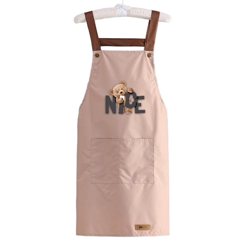 Kawaii Bear Print Kitchen Apron | Waterproof Beige Bib Apron with "NICE" Lettering & Pockets