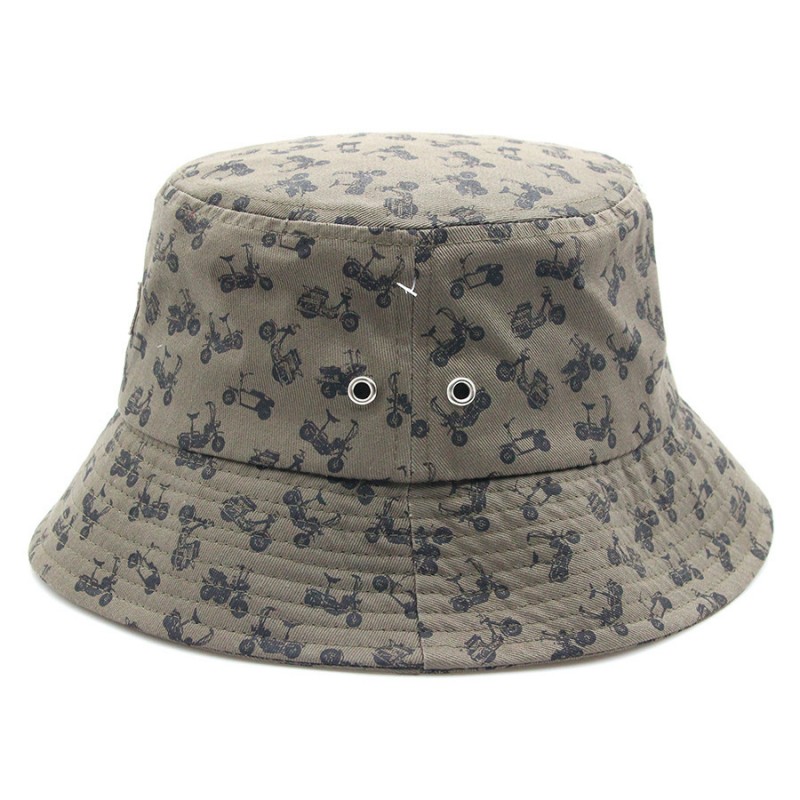 Retro Women Motorbike Pattern Bucket Hat | Khaki Cotton Sun Hat with Label