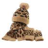 Cozy Winter 3-Piece Set: Leopard Print Knit Beanie, Scarf & Fingerless Gloves with Faux Fur Pom Pom