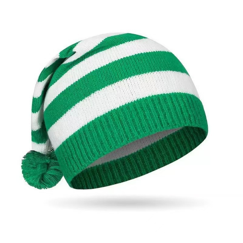 Polyester Christmas Elf Striped Knit Beanie Hat with Pom‑pom, Xmas Holiday Costume Accessory