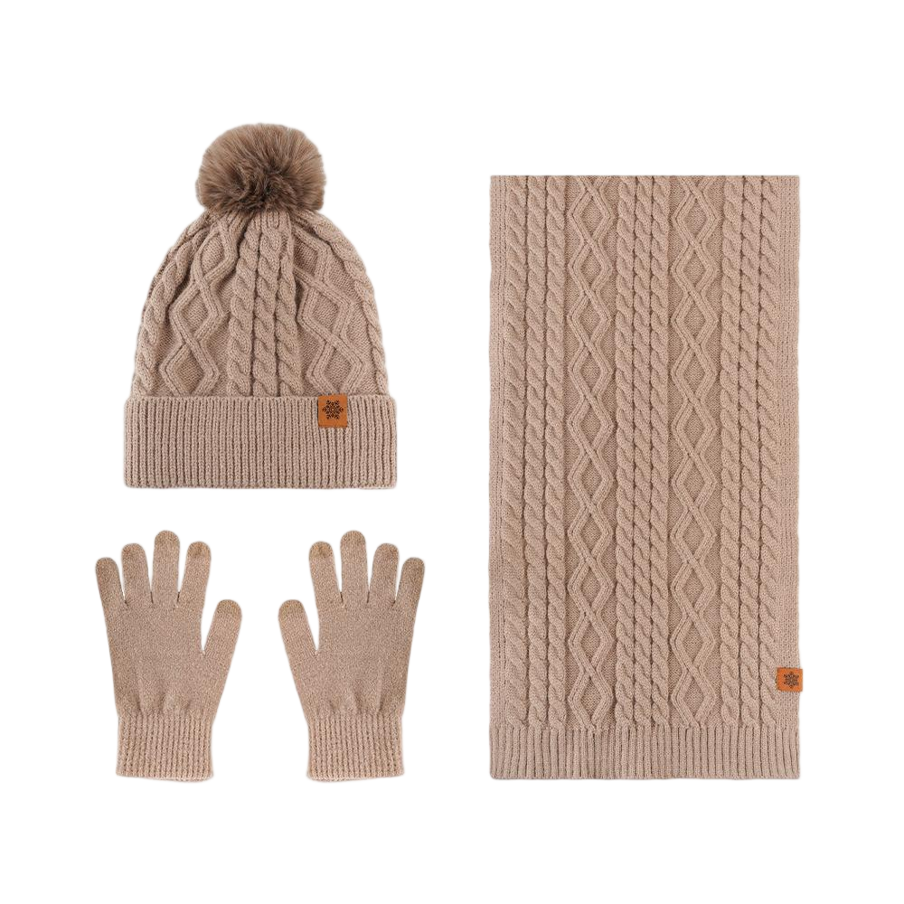 Wholesale 3-Piece Winter Polyester Cozy Cable Knit Set: Beanie, Scarf, Gloves - In Stock Now
