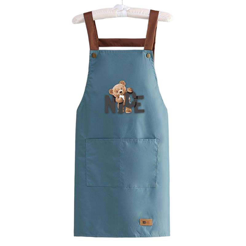 Kawaii Bear Print Kitchen Apron | Waterproof Beige Bib Apron with "NICE" Lettering & Pockets