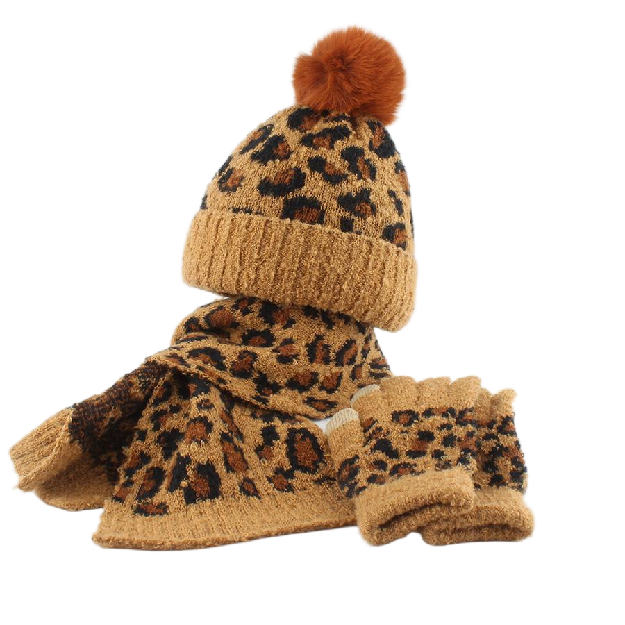 Cozy Winter 3-Piece Set: Leopard Print Knit Beanie, Scarf & Fingerless Gloves with Faux Fur Pom Pom