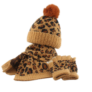 Cozy Winter 3-Piece Set: Leopard Print Knit Beanie, Scarf & Fingerless Gloves with Faux Fur Pom Pom