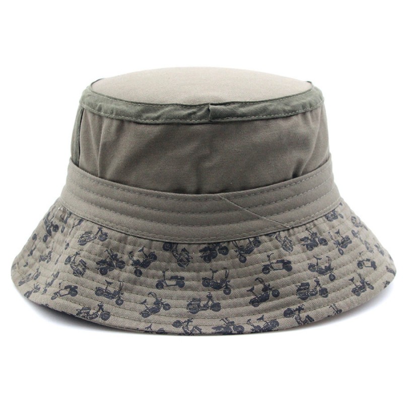 Retro Women Motorbike Pattern Bucket Hat | Khaki Cotton Sun Hat with Label