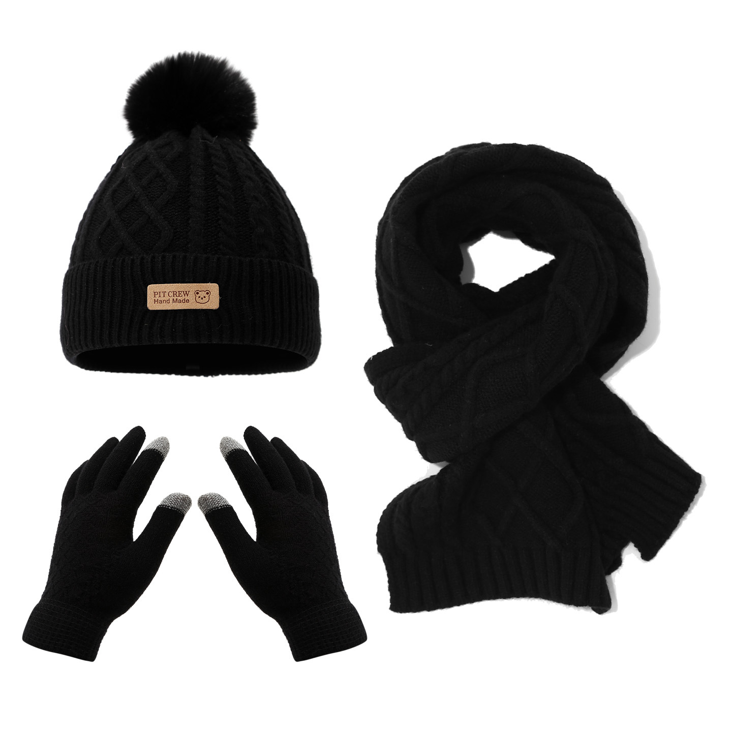 Fleece Lined Football Knit Beanie, Scarf and Touchscreen Gloves Winter Set – Thick Warm Cold Weather Gear