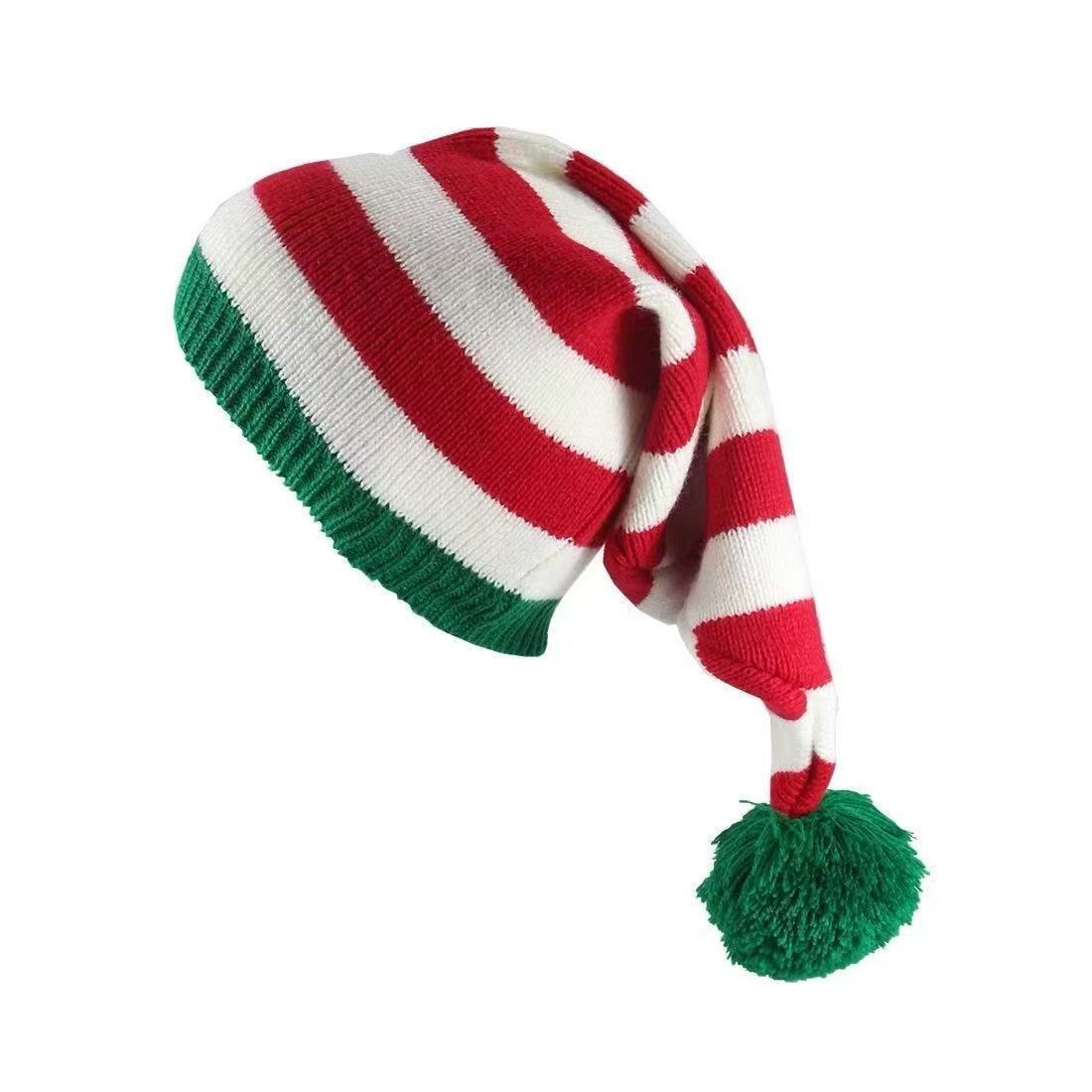 Polyester Christmas Elf Striped Knit Beanie Hat with Pom‑pom, Xmas Holiday Costume Accessory