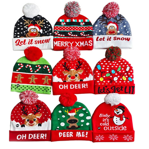 Christmas Pom‑Pom Knit Beanie, Xmas Reindeer Snowman Printed Winter Hat