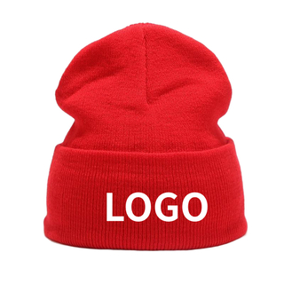 Custom Logo Knit Beanie Solid Red Cuffed Winter Warm Acrylic Skull Cap For Men Women