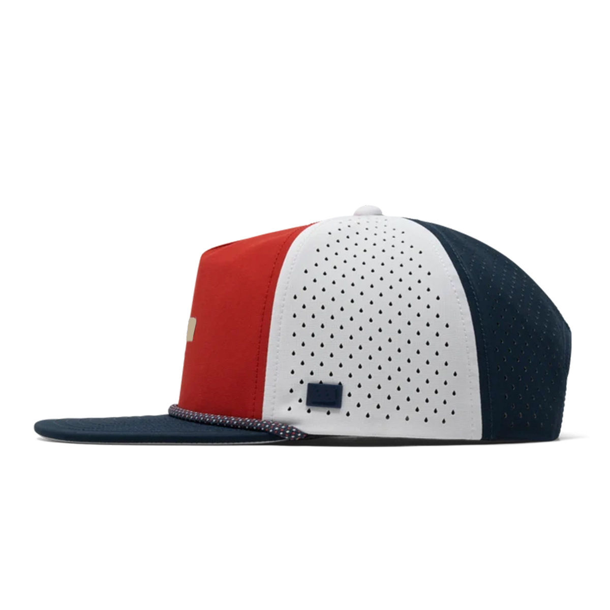 Color‑Block Laser Perforated Quick‑Dry Trucker Snapback Hat with Leather Patch & Rope Detail