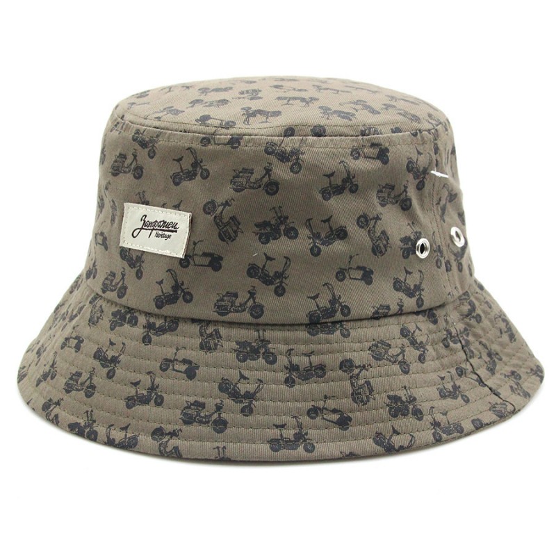 Retro Women Motorbike Pattern Bucket Hat | Khaki Cotton Sun Hat with Label