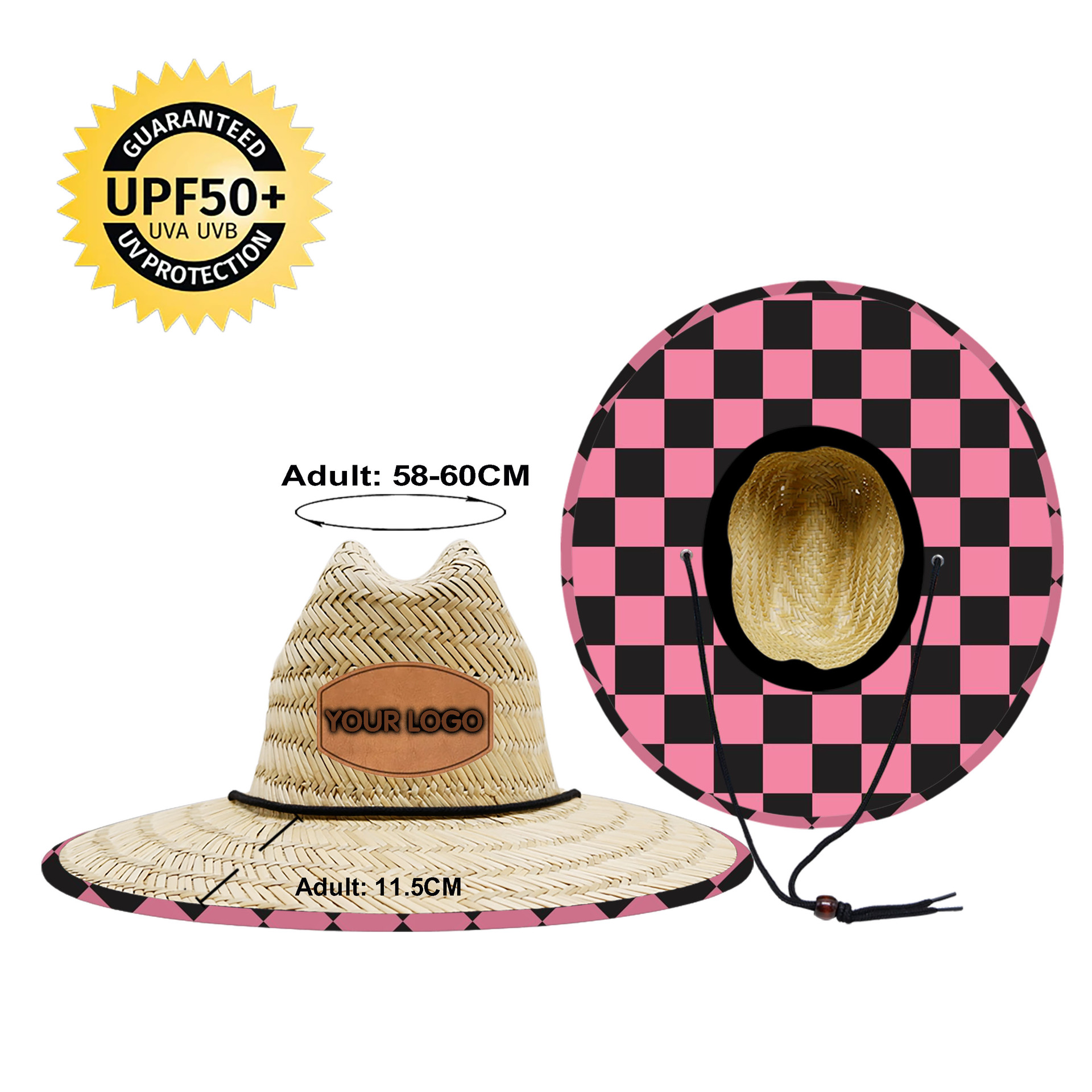 Custom Logo UPF50+ Checkered Straw Hat – Bulk Beach Lifeguard Hat