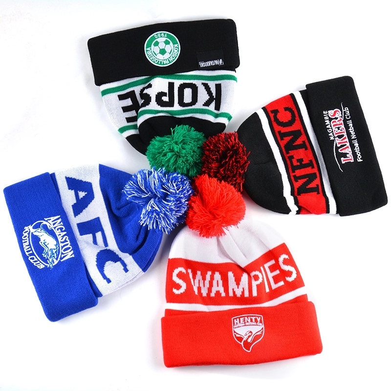 Custom Logo Acrylic Jacquard Football Team Knit Beanie with Pom Pom – Custom Sports Fan Winter Hat