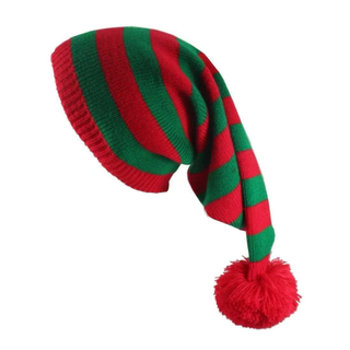 Polyester Christmas Elf Striped Knit Beanie Hat with Pom‑pom, Xmas Holiday Costume Accessory