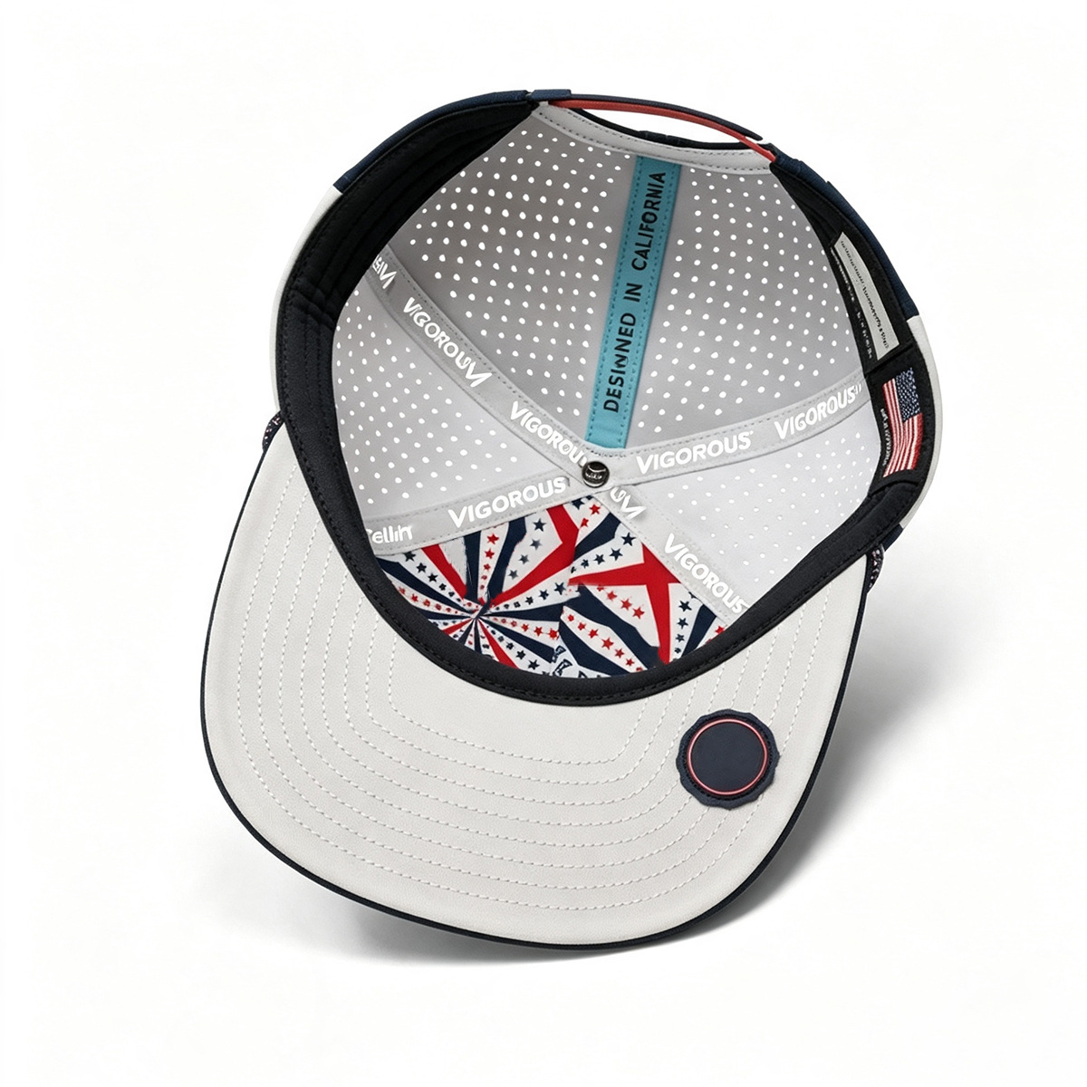 Color‑Block Laser Perforated Quick‑Dry Trucker Snapback Hat with Leather Patch & Rope Detail