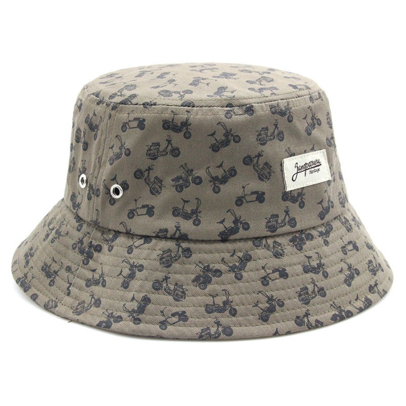 Retro Women Motorbike Pattern Bucket Hat | Khaki Cotton Sun Hat with Label