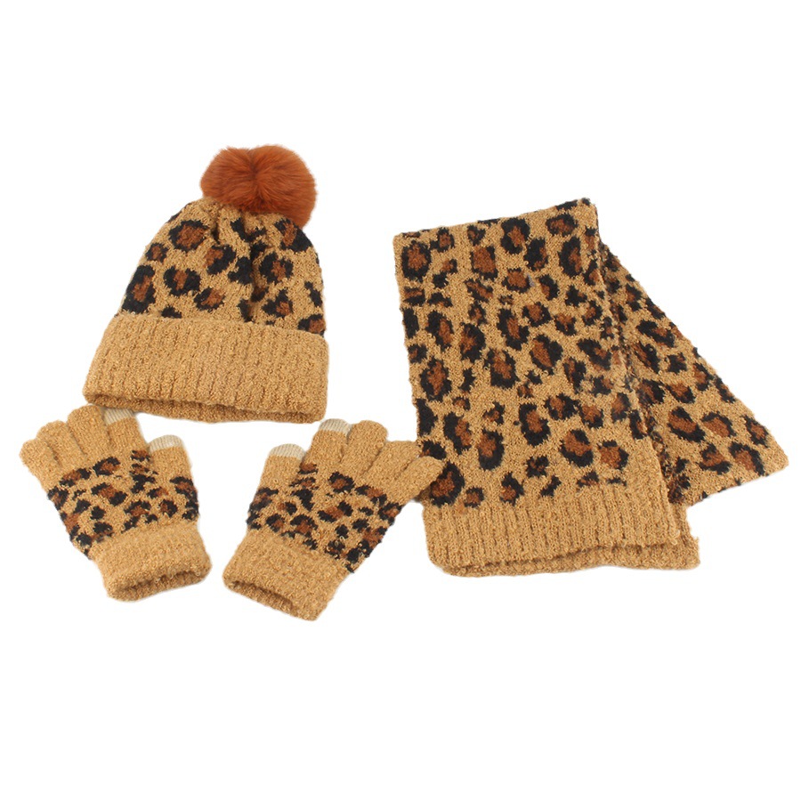 Cozy Winter 3-Piece Set: Leopard Print Knit Beanie, Scarf & Fingerless Gloves with Faux Fur Pom Pom