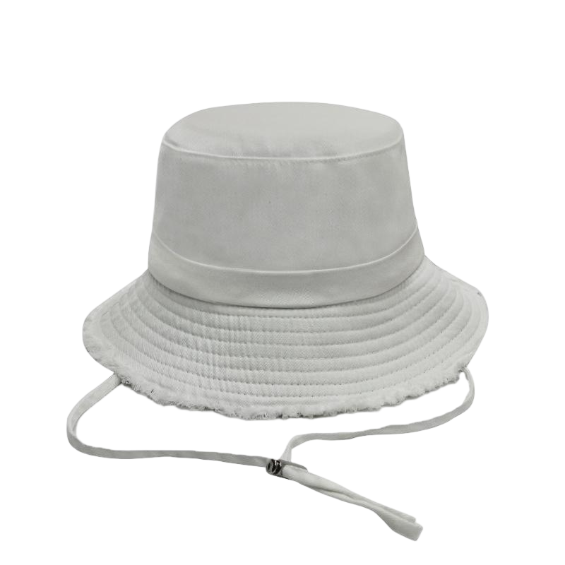 Custom Logo Fringe Brim Bucket Hats Bulk Cotton Adjustable Wind Lanyard Fisherman Cap