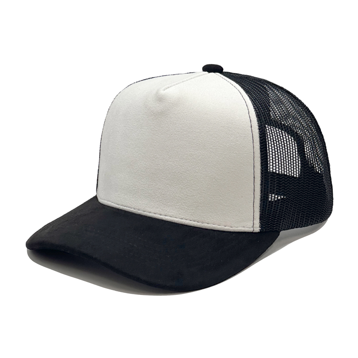 Wholesale Blank Suede Panel Trucker Hat Two‑Tone Mesh Back Snapback Baseball Cap