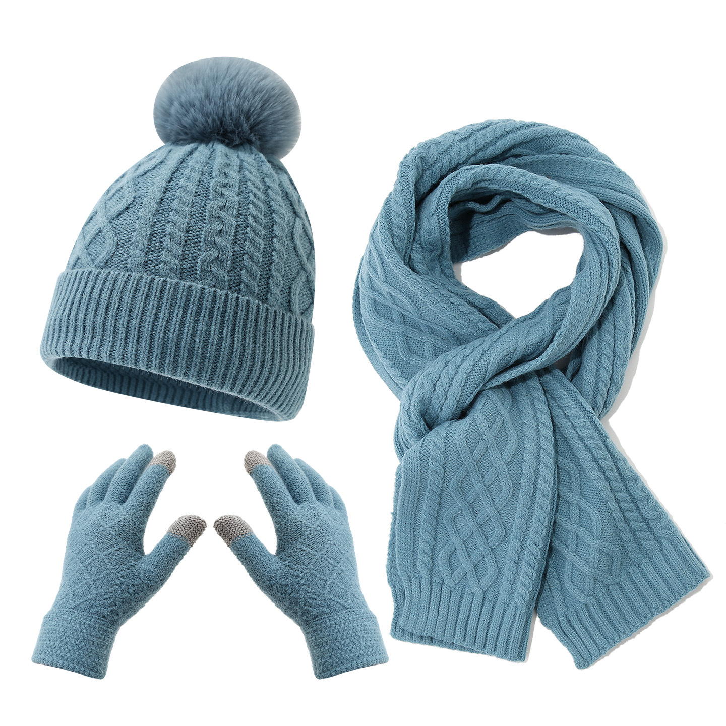 Fleece Lined Football Knit Beanie, Scarf and Touchscreen Gloves Winter Set – Thick Warm Cold Weather Gear
