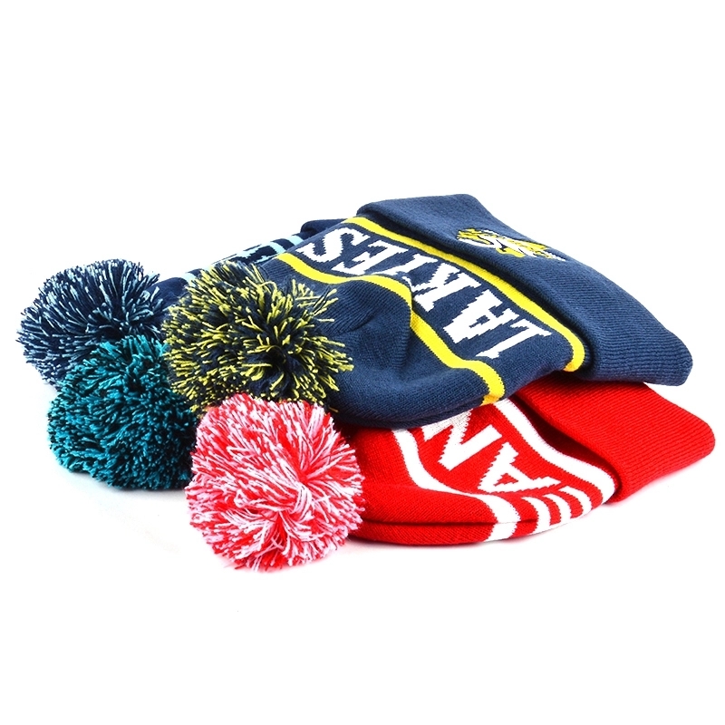 Custom Logo Acrylic Jacquard Football Team Knit Beanie with Pom Pom – Custom Sports Fan Winter Hat