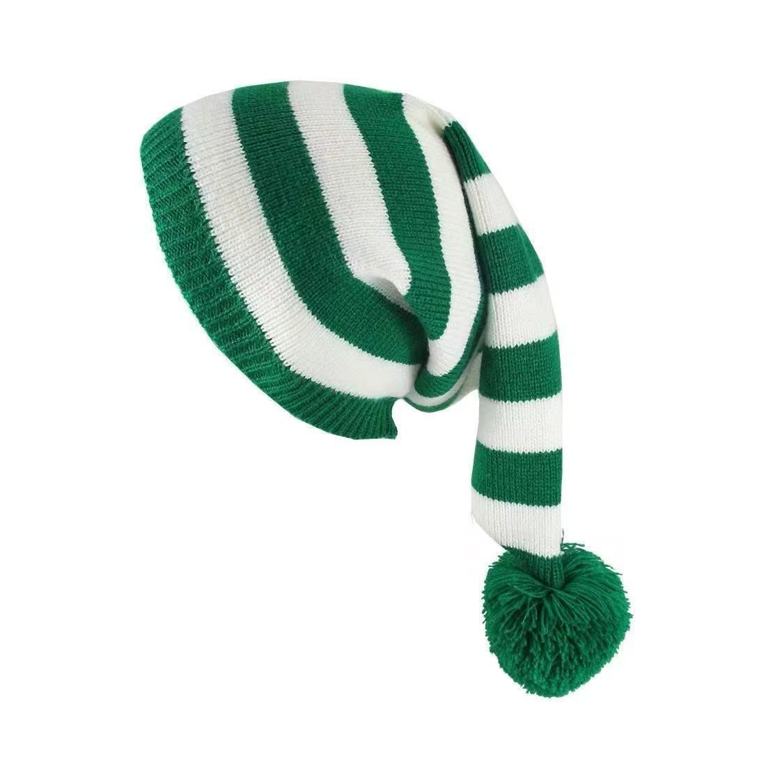 Polyester Christmas Elf Striped Knit Beanie Hat with Pom‑pom, Xmas Holiday Costume Accessory