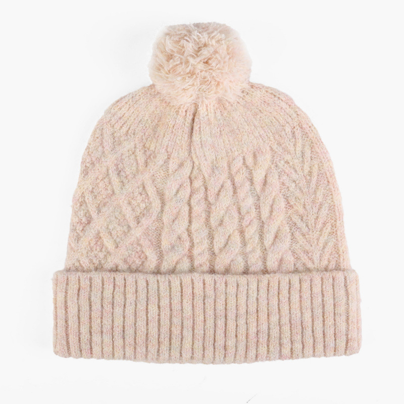 Custom Cozy Pink Cable Knit Beanie Fuzzy Pom Pom Winter Hat for Women