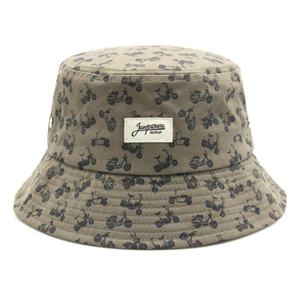 Retro Women Motorbike Pattern Bucket Hat | Khaki Cotton Sun Hat with Label