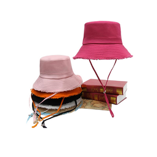 Custom Logo Fringe Brim Bucket Hats Bulk Cotton Adjustable Wind Lanyard Fisherman Cap