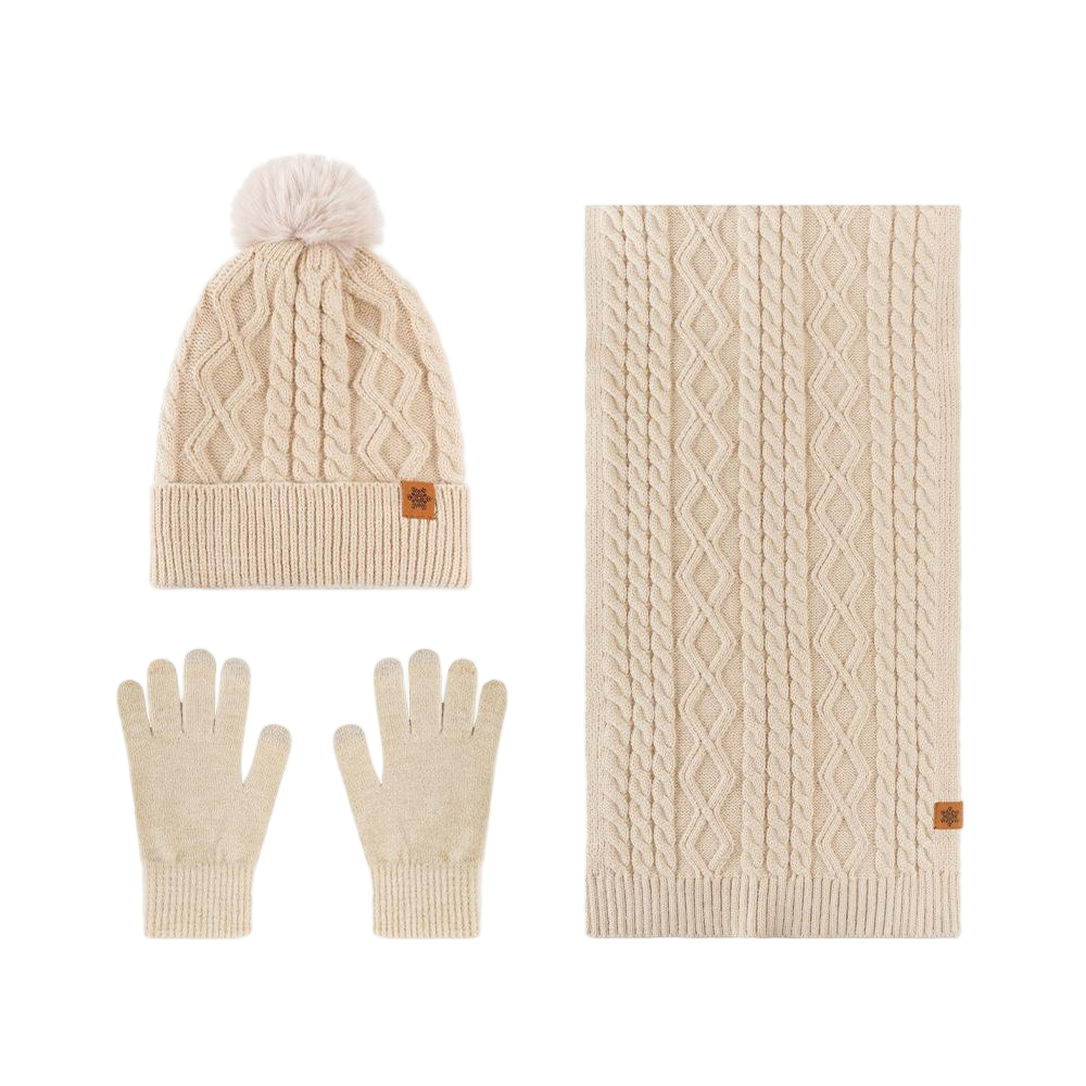 Wholesale 3-Piece Winter Polyester Cozy Cable Knit Set: Beanie, Scarf, Gloves - In Stock Now