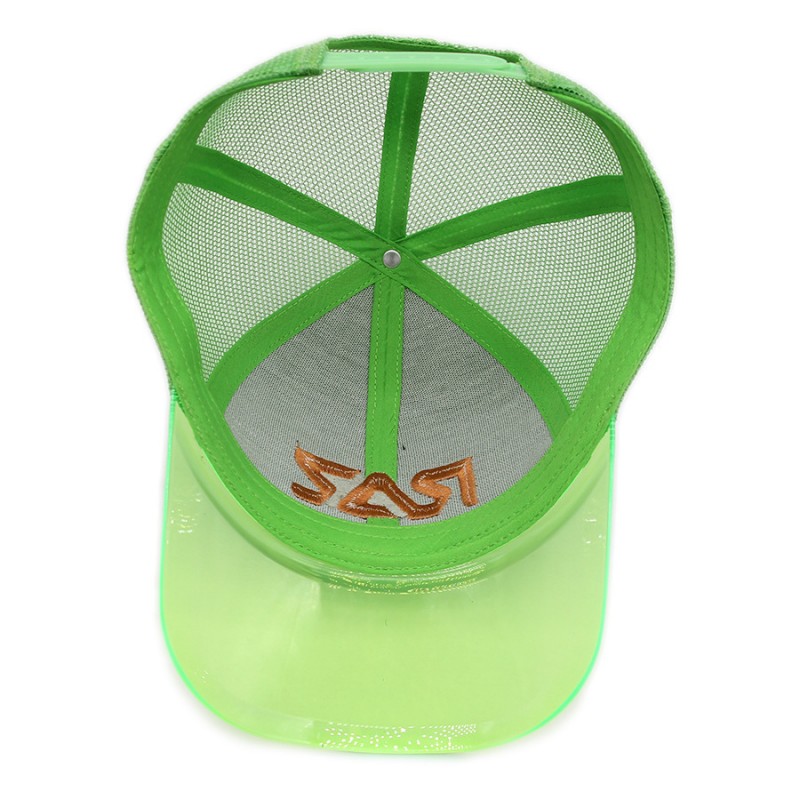 Custom Neon Green Trucker Hat with Transparent PVC Brim & Embroidered Logo – Wholesale
