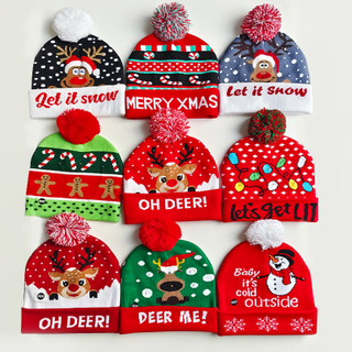 Christmas Pom‑Pom Knit Beanie, Xmas Reindeer Snowman Printed Winter Hat