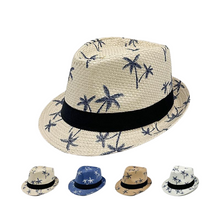 Wholesale Customizable Palm Tree Print Straw Trilby Hats for Men