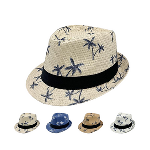 Wholesale Customizable Palm Tree Print Straw Trilby Hats for Men