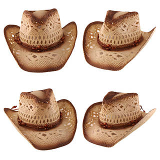 Vintage Crocheted Straw Cowboy Hat with Beaded Band