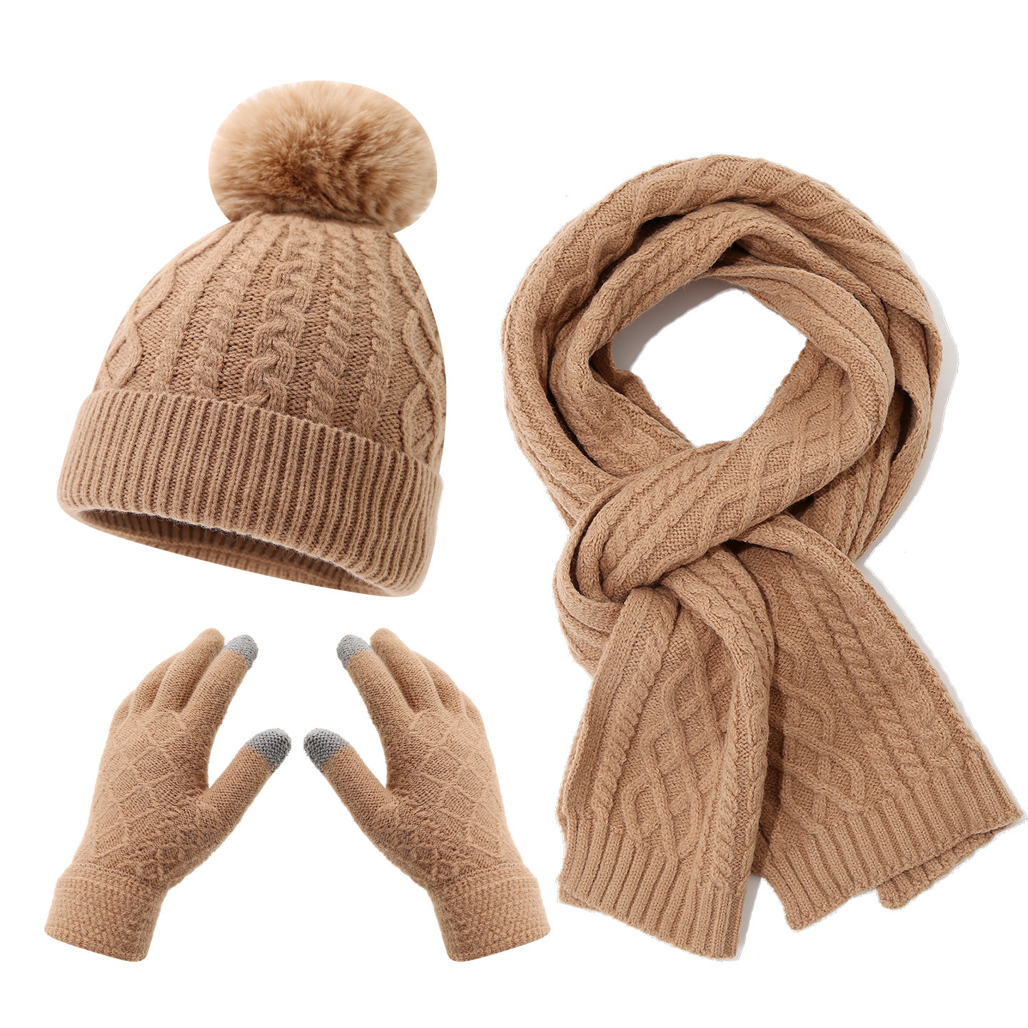 Fleece Lined Football Knit Beanie, Scarf and Touchscreen Gloves Winter Set – Thick Warm Cold Weather Gear