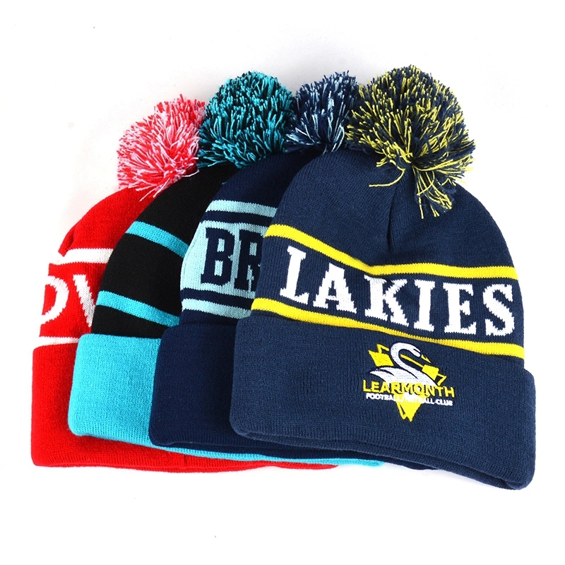 Custom Logo Acrylic Jacquard Football Team Knit Beanie with Pom Pom – Custom Sports Fan Winter Hat