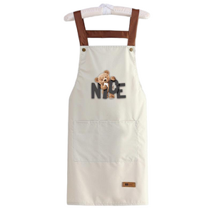 Kawaii Bear Print Kitchen Apron | Waterproof Beige Bib Apron with "NICE" Lettering & Pockets