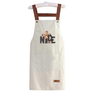 Kawaii Bear Print Kitchen Apron | Waterproof Beige Bib Apron with "NICE" Lettering & Pockets