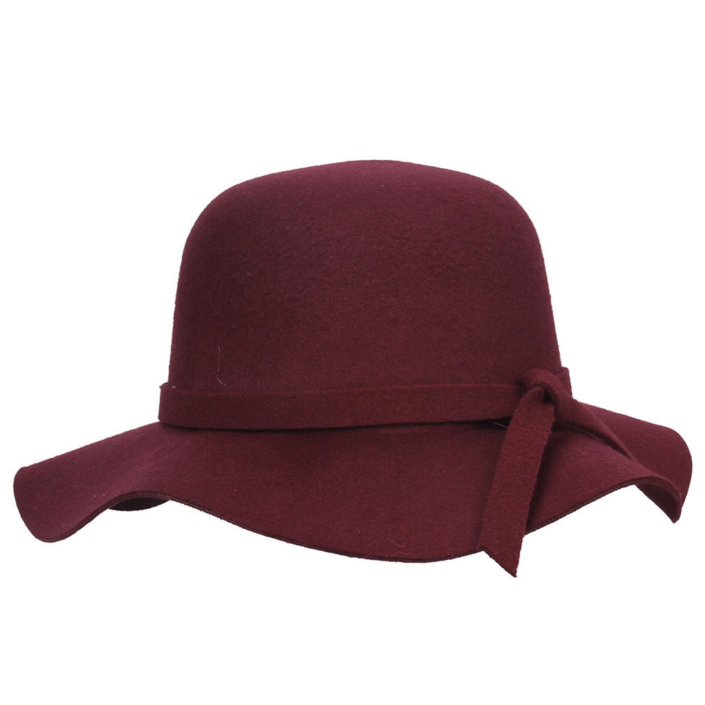 Wholesale Customizable Wool Floppy Hat with Wave Brim & Ribbon Bow for Women