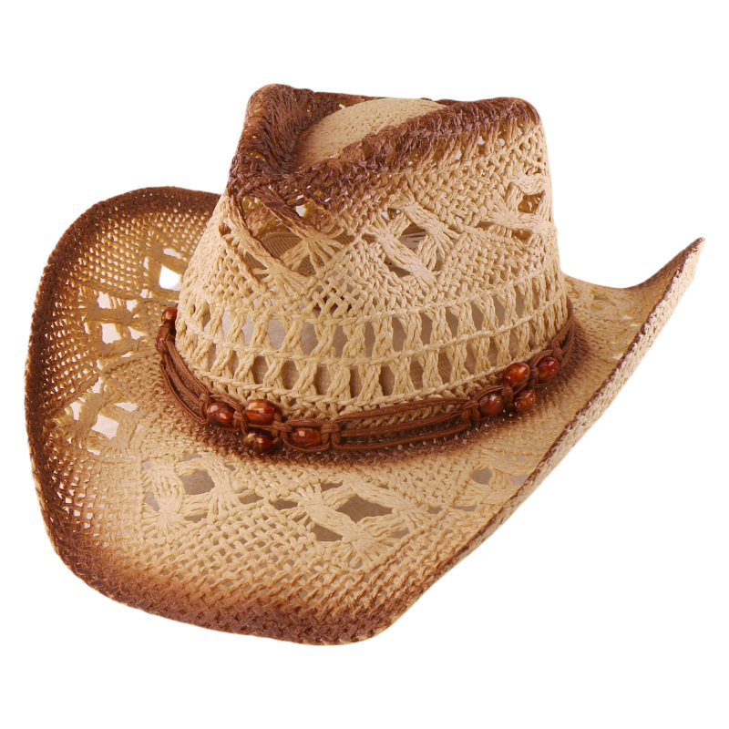 Vintage Crocheted Straw Cowboy Hat with Beaded Band